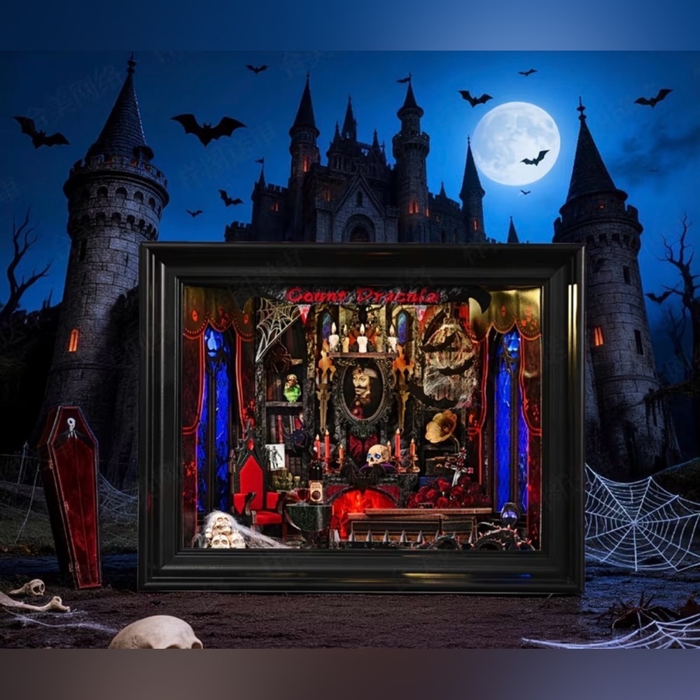 Fully Assembled Vampire Framed Shadow Box Lights Spooky Dracula Gift Book Nook
